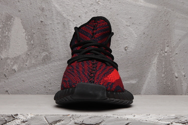 Red and Black Yeezy 350 V2 Knit Sneakers - product image from the listing.