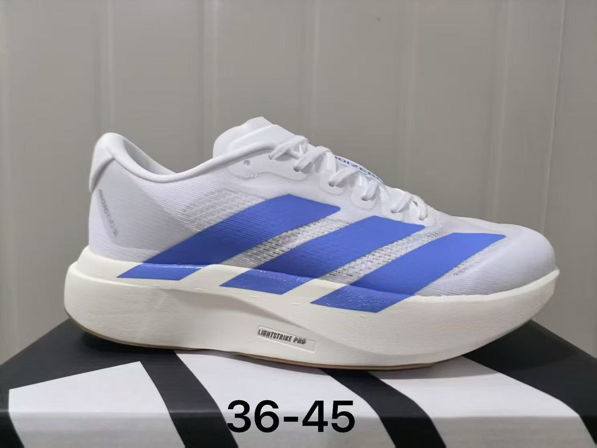 adidas Adizero Running Shoes in White and Blue - product image from the listing.