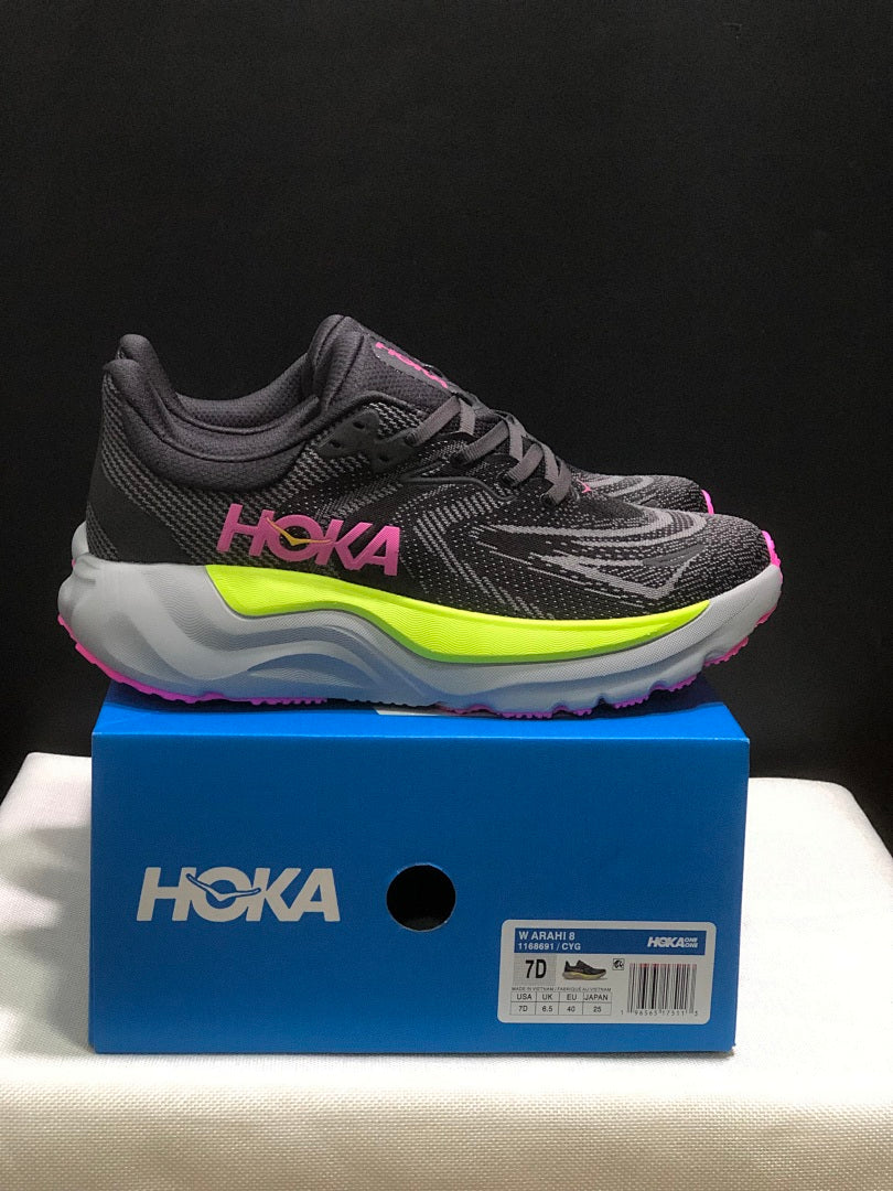 HOKA Arahi 8 Running Shoes, Black and Neon in Yellow - product image from the listing.