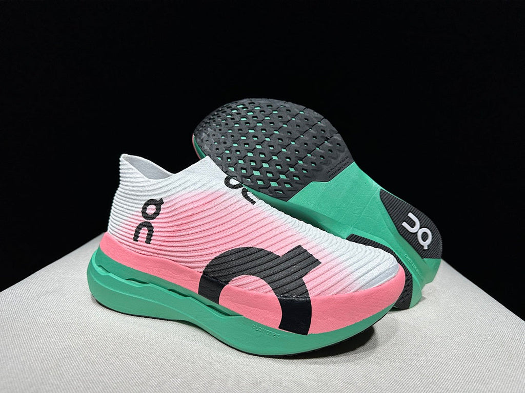 On Cloudboom Strike LS Running Shoes, in White Pink Green - product image from the listing.