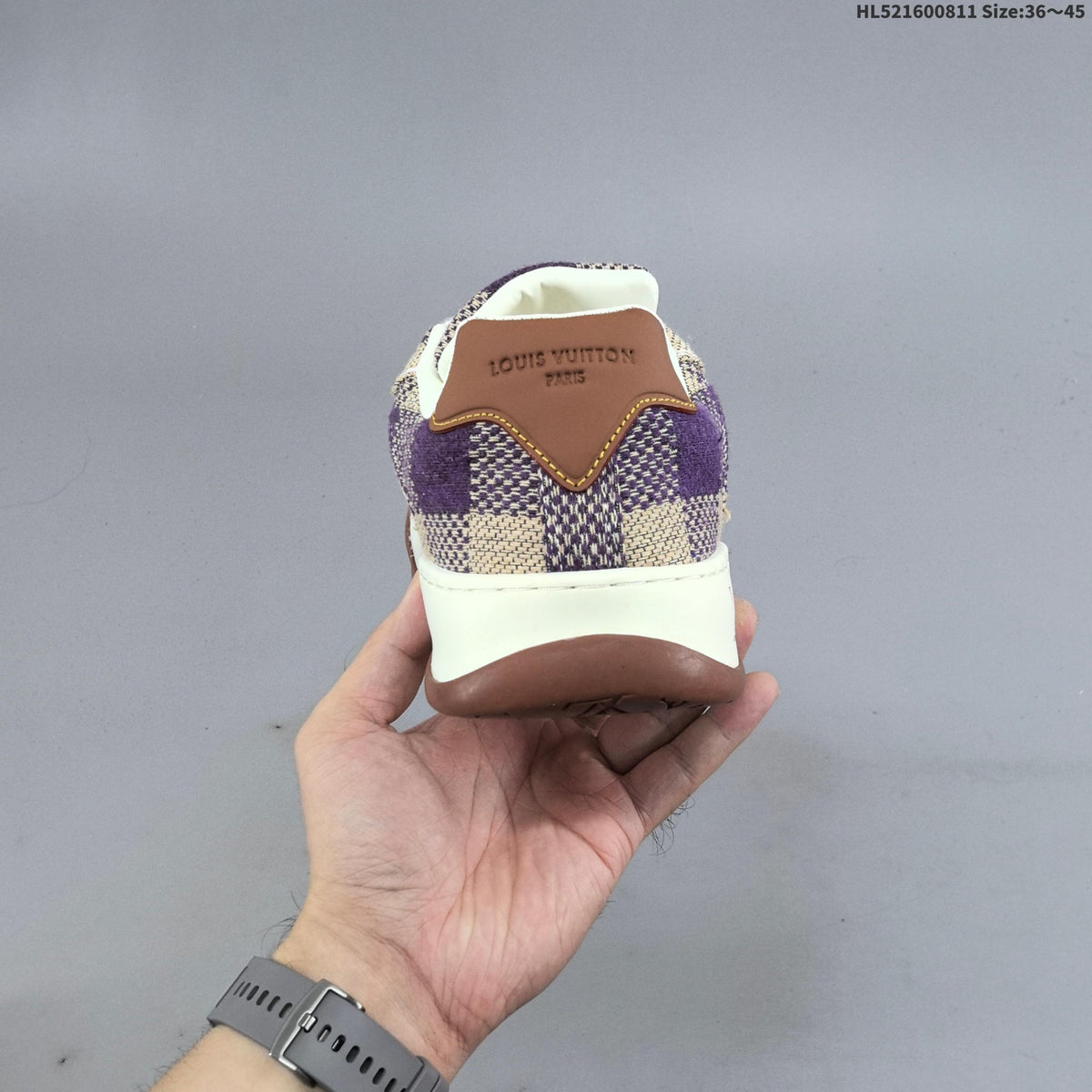 Louis Vuitton Trainer Low Trainers in Purple and Beige Check - product image from the listing.