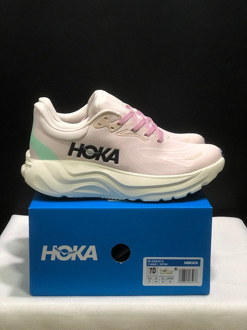 Women's HOKA Arahi 8 Running Shoes, Pink and Mint - product image from the listing.