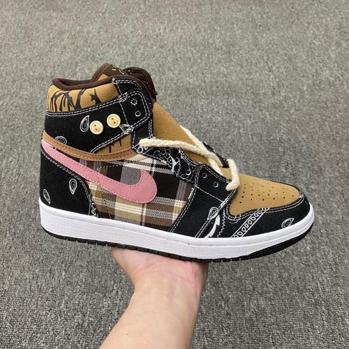 Jordan 1 Mid Paisley Sneakers in Black Tan Pink White - product image from the listing.
