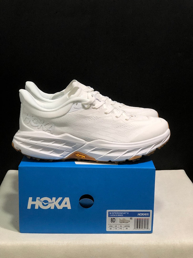 HOKA Speedgoat 5 Trail Running Shoes in White - product image from the listing.