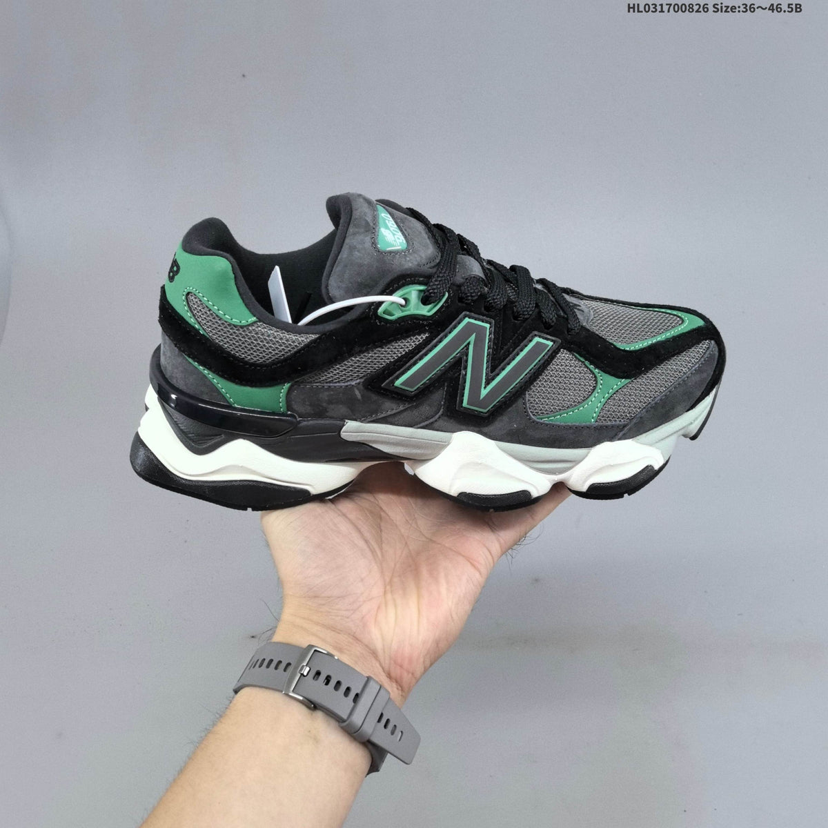 Charcoal and Green New Balance 9060 Sneakers - product image from the listing.