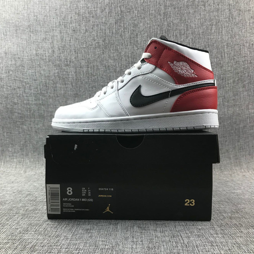 Air Jordan 1 Mid Sneakers in White Red 554724-116 - product image from the listing.