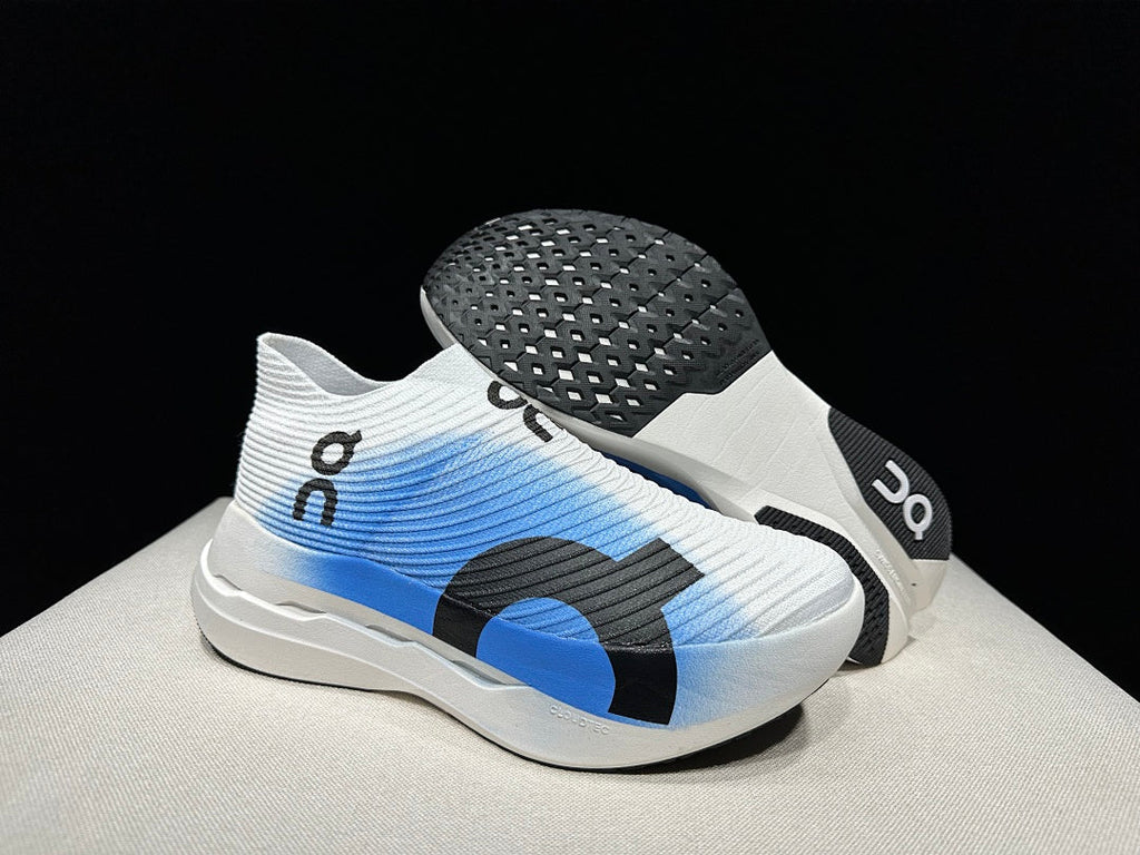 On Cloudboom Strike LS Running Shoes, in White and Blue - product image from the listing.