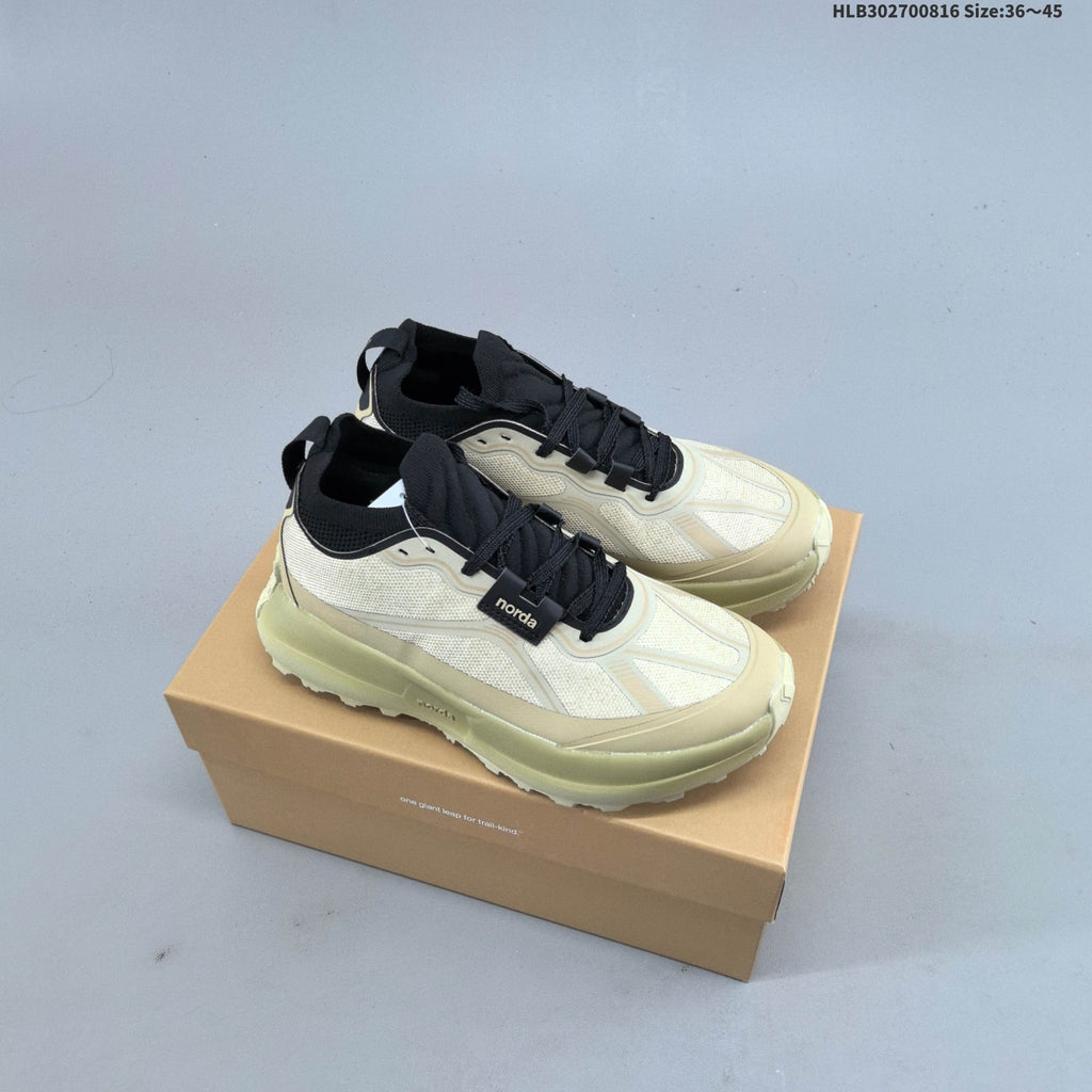 Cream and Black Norda 055 Trail Running Shoes - product image from the listing.