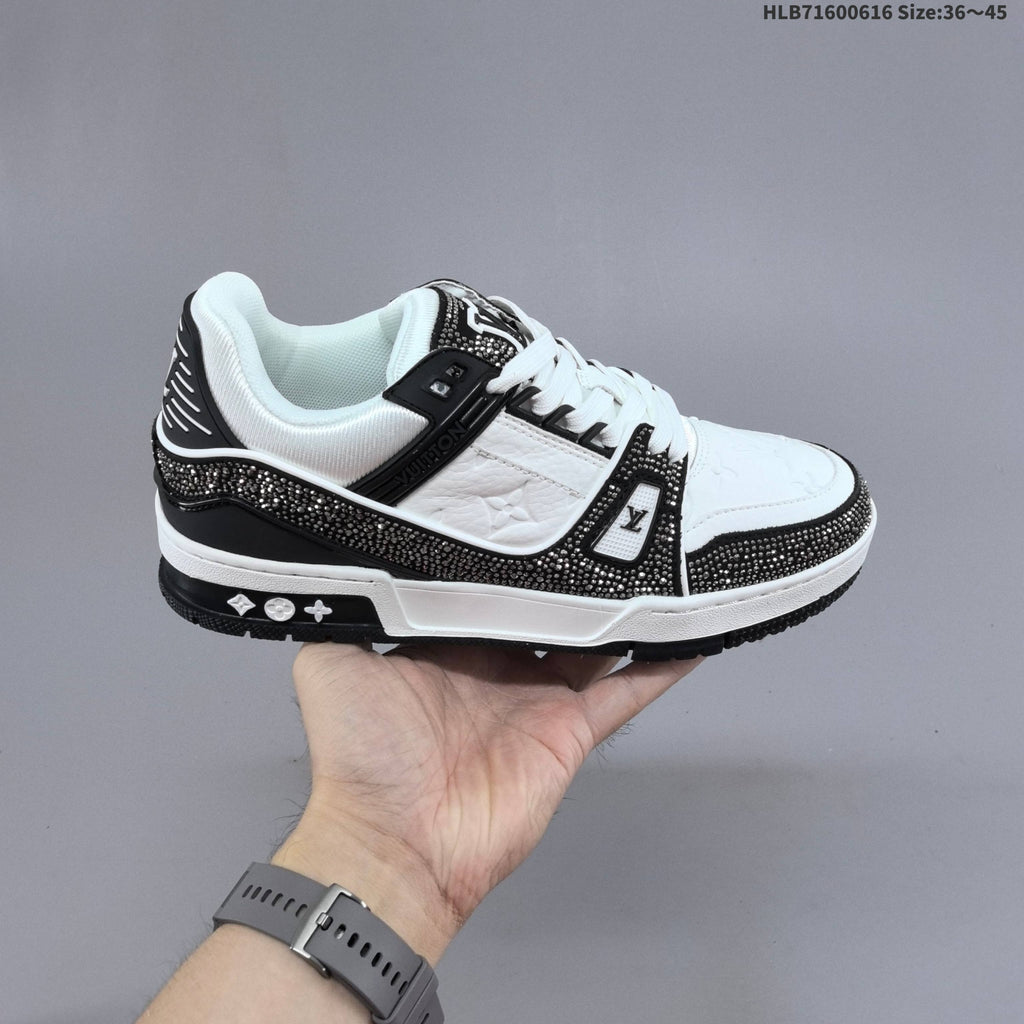 Louis Vuitton Trainer Trainers in White and Black with Embellished Trim - product image from the listing.