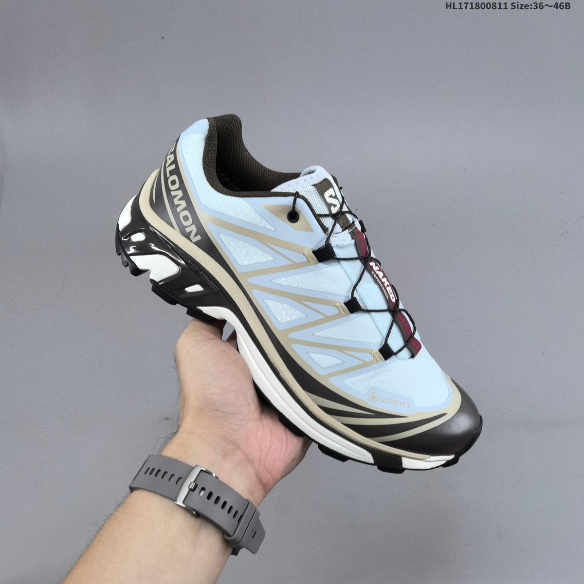 Salomon XT-6 GTX Trail Running Shoes, in Ice Blue and Black - product image from the listing.