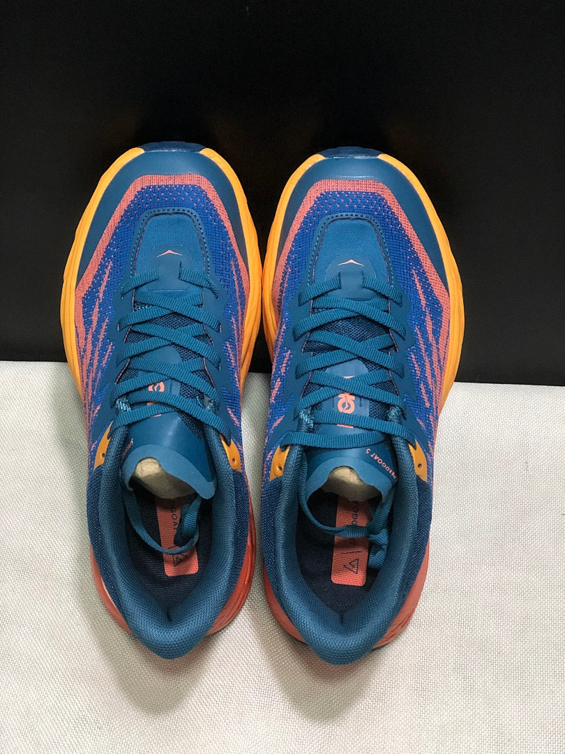 HOKA Speedgoat 5 Trail Running Shoes, in Blue and Orange - product image from the listing.