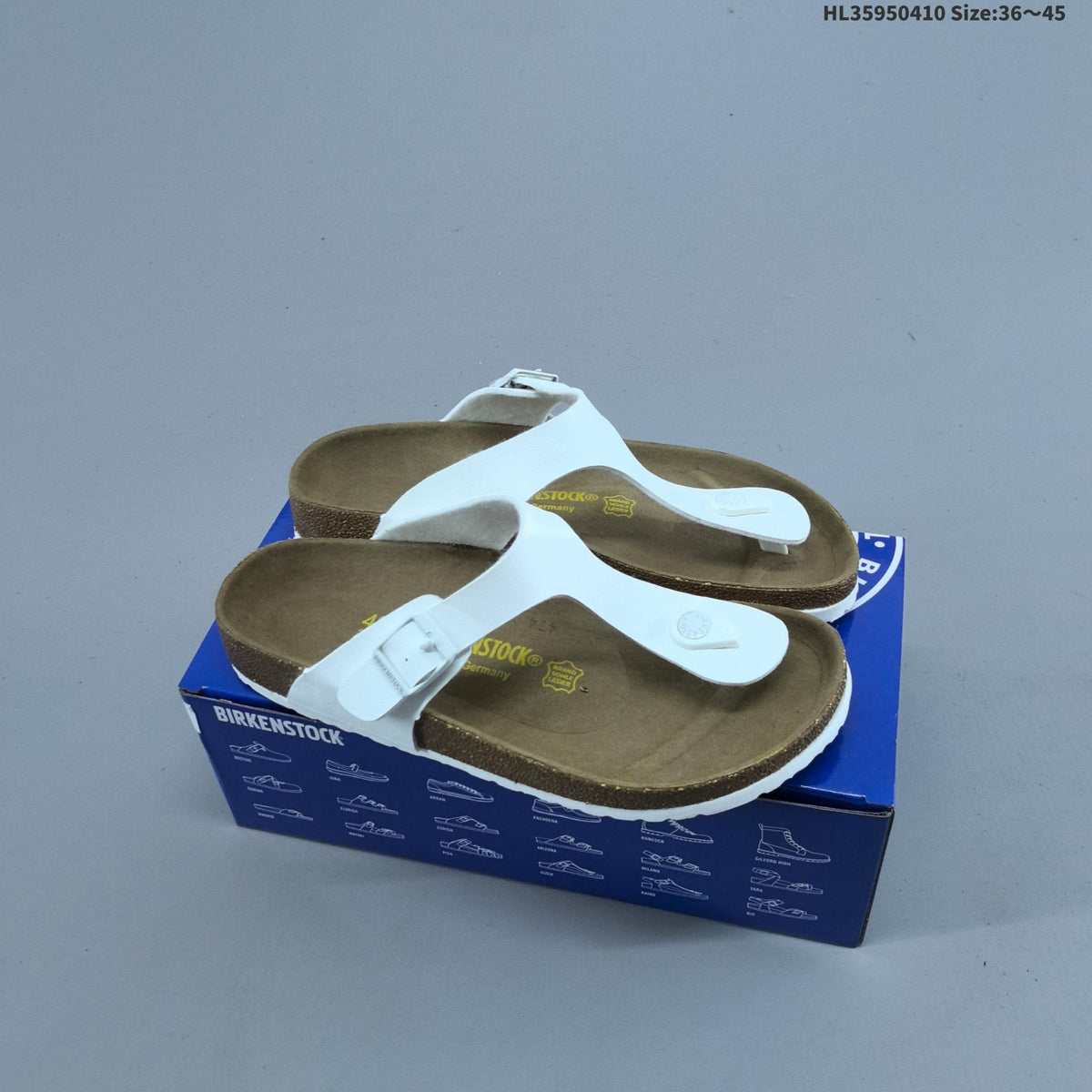 White and Brown Birkenstock Arizona and Gizeh Sandals - product image from the listing.
