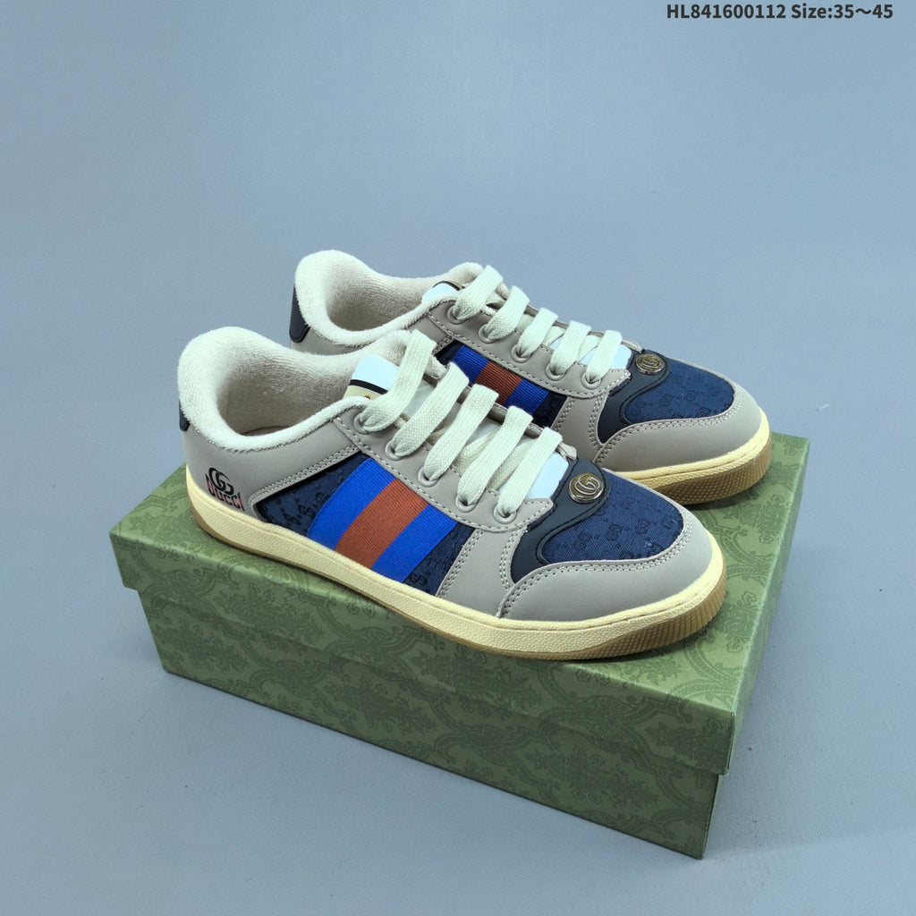 Beige and Navy Gucci Screener Distressed Low-Top Sneakers - product image from the listing.