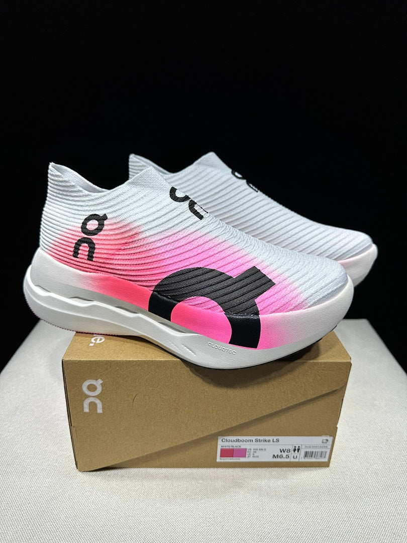 Pink and White On Cloudboom Strike LS Running Shoes - product image from the listing.