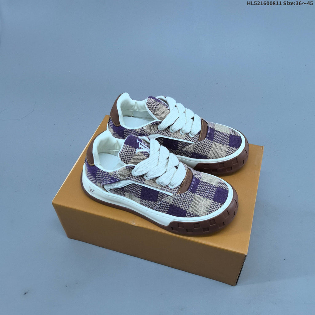 Louis Vuitton Trainer Low Trainers in Purple and Beige Check - product image from the listing.