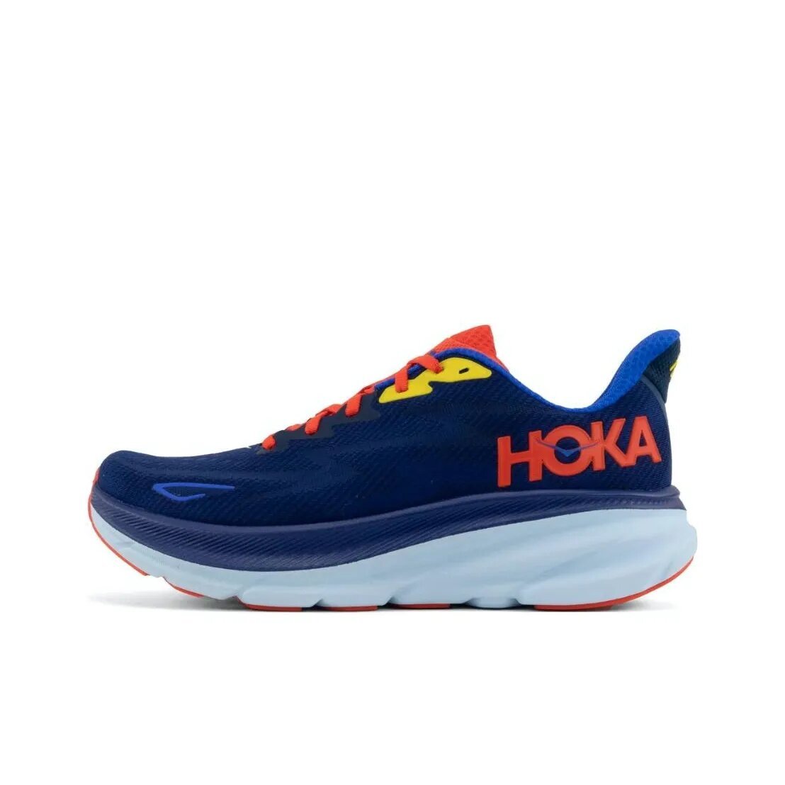 HOKA Clifton 9 Running Shoes in Navy, in Red and Yellow - product image from the listing.