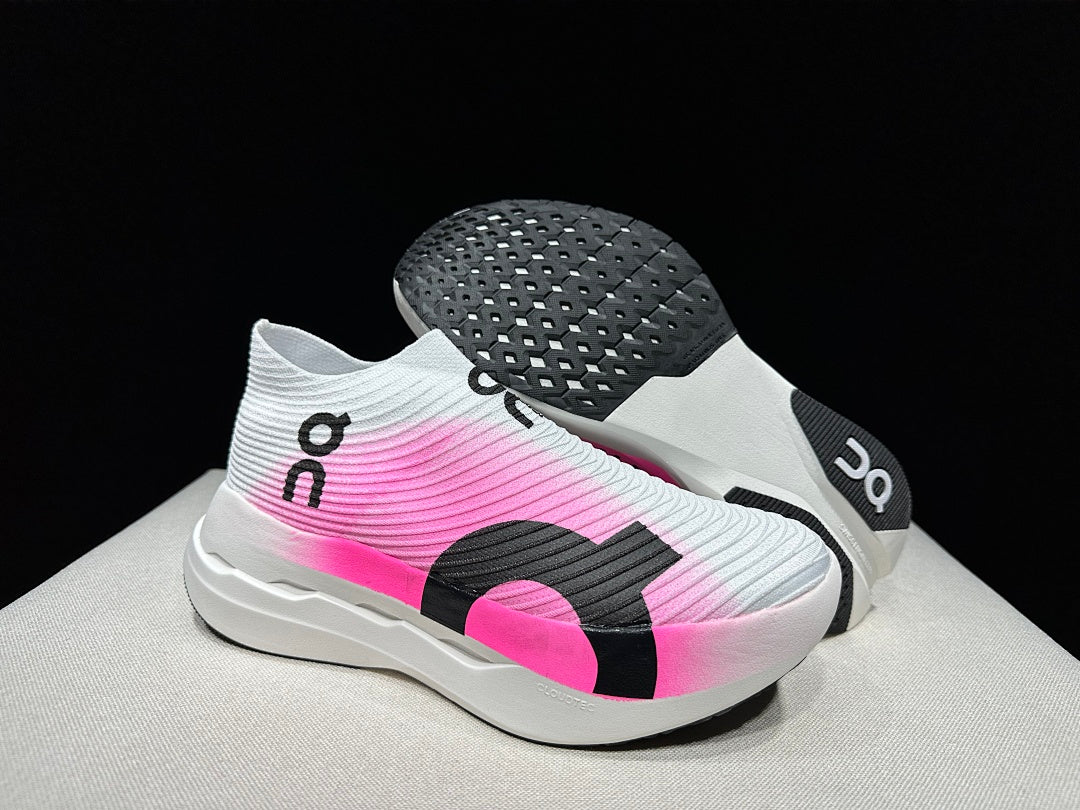 On Cloudboom Strike LS Running Sneakers in White/Pink - product image from the listing.