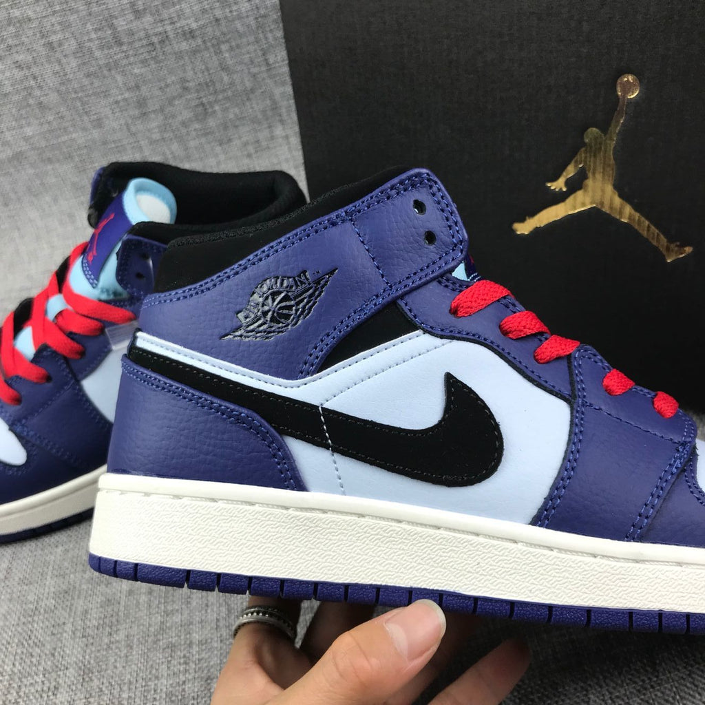 Air Jordan 1 Mid White, Sneakers in Black and Purple - product image from the listing.