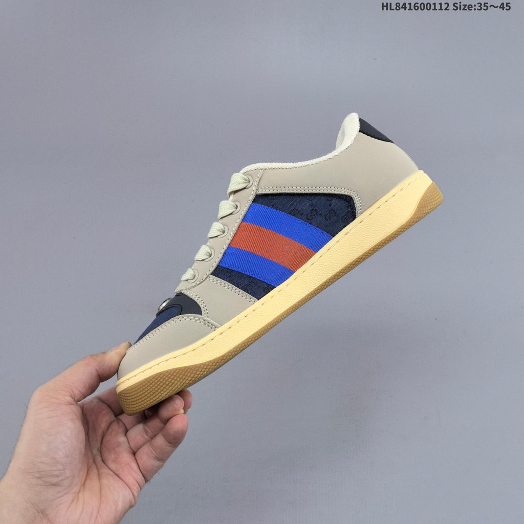 Beige and Navy Gucci Screener Distressed Low-Top Sneakers - product image from the listing.