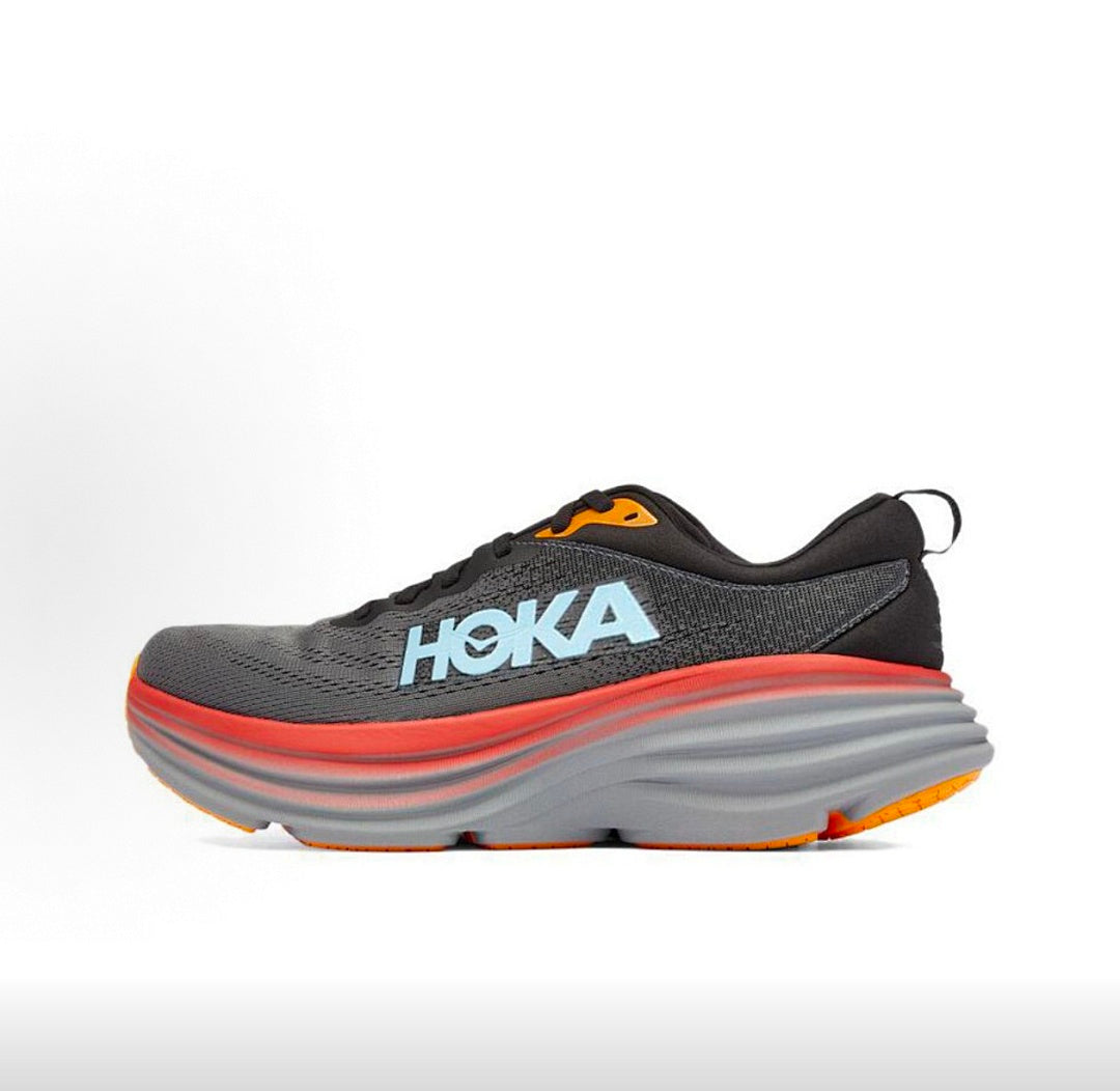 HOKA Bondi 8 Running Shoes, in Black Gray and Red - product image from the listing.