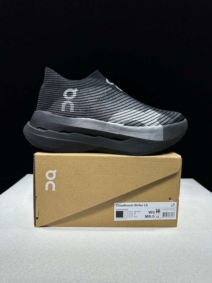 On Cloudboom Strike LS Running Shoes in Black Silver - product image from the listing.