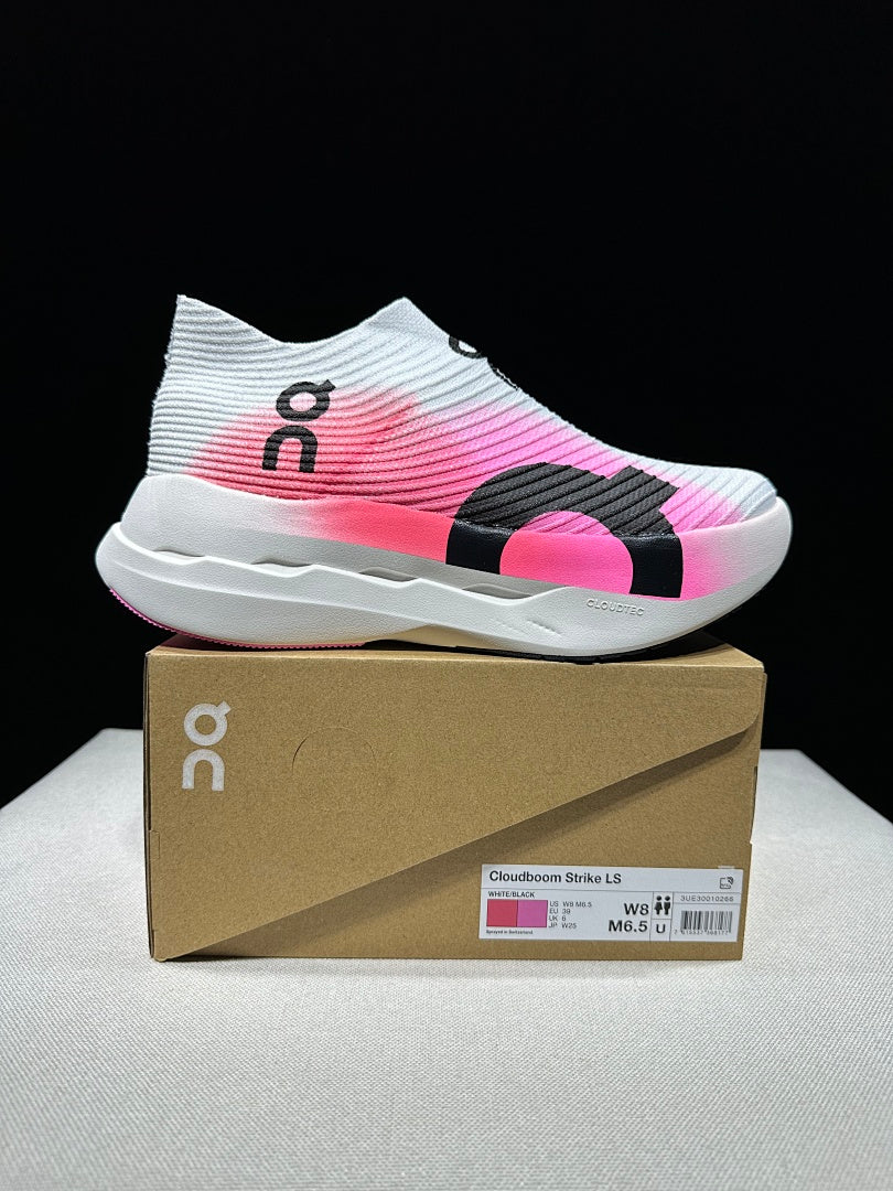 Pink and White On Cloudboom Strike LS Running Shoes - product image from the listing.