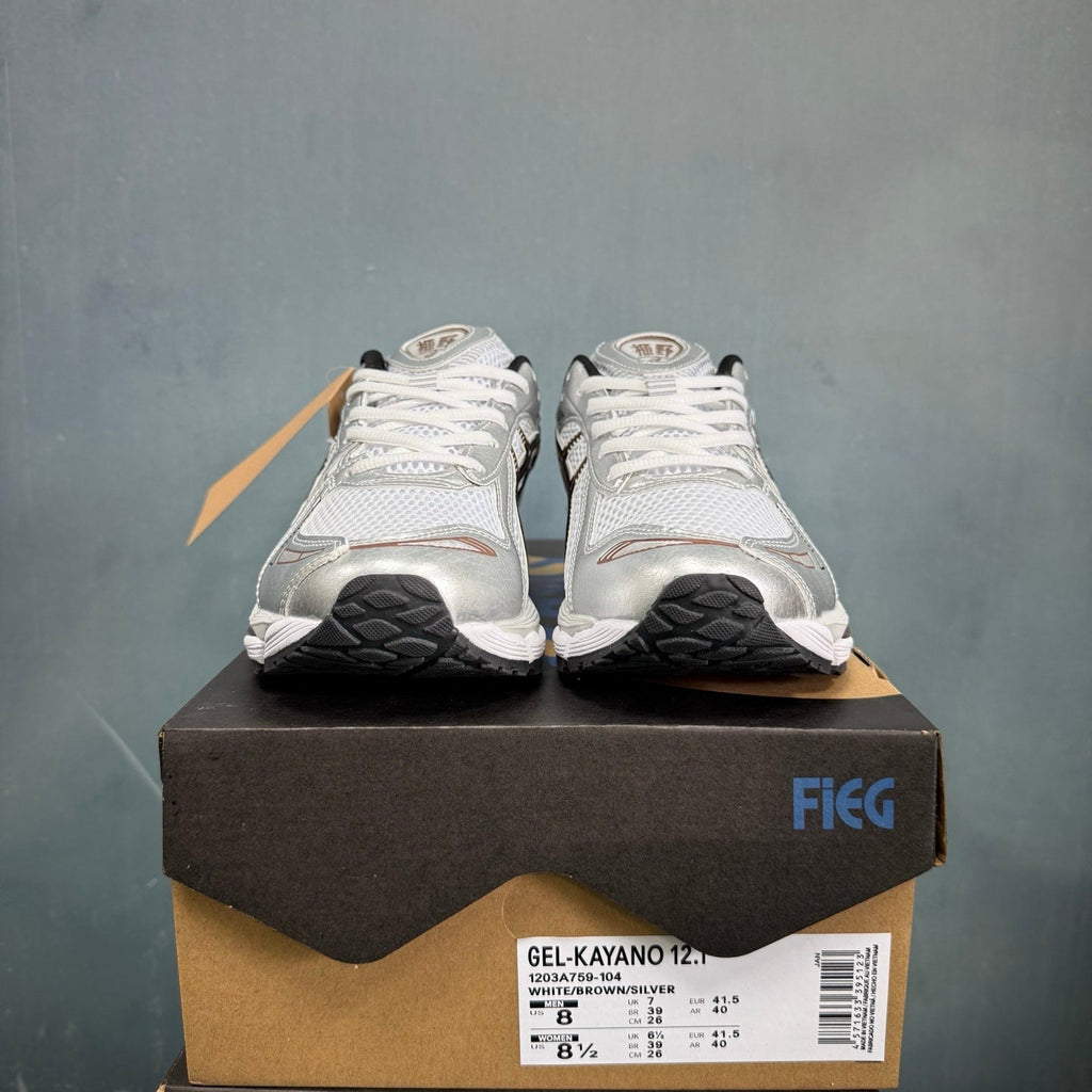 ASICS GEL-KAYANO 12.1 Sneakers in White Brown Silver 1203A759-104 - product image from the listing.