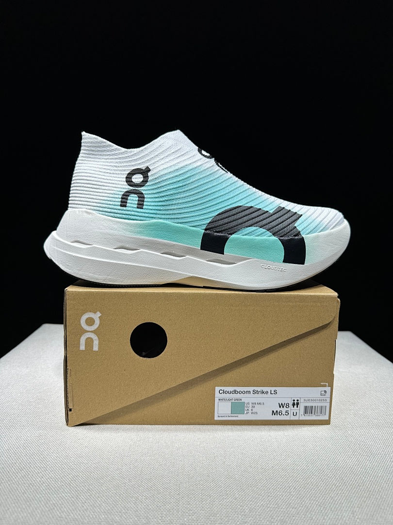 On Cloudboom Strike LS Running Shoes in White Light Green - product image from the listing.
