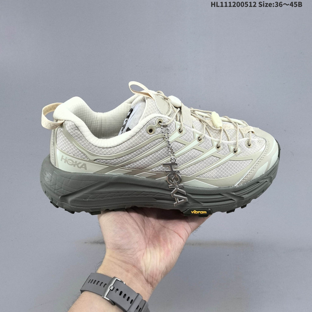 HOKA Mafate Three 2 Trail Running Shoes in Cream and Gray - product image from the listing.