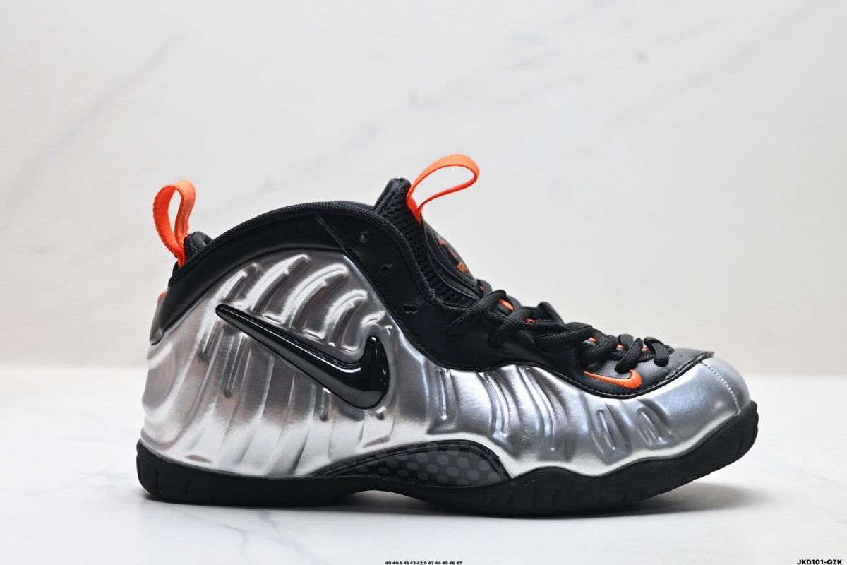 Nike Air Foamposite Max Sneakers in Black Silver Orange - product image from the listing.