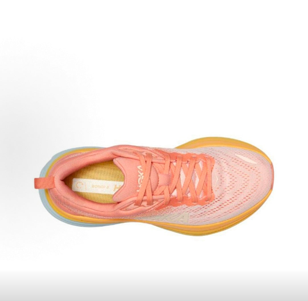 Pink and Orange HOKA Bondi 8 Running Sneakers - product image from the listing.