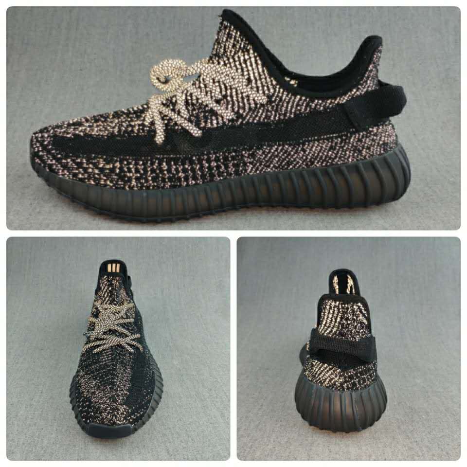 Black and Cream Yeezy 350 V2 Knit Sneakers - product image from the listing.