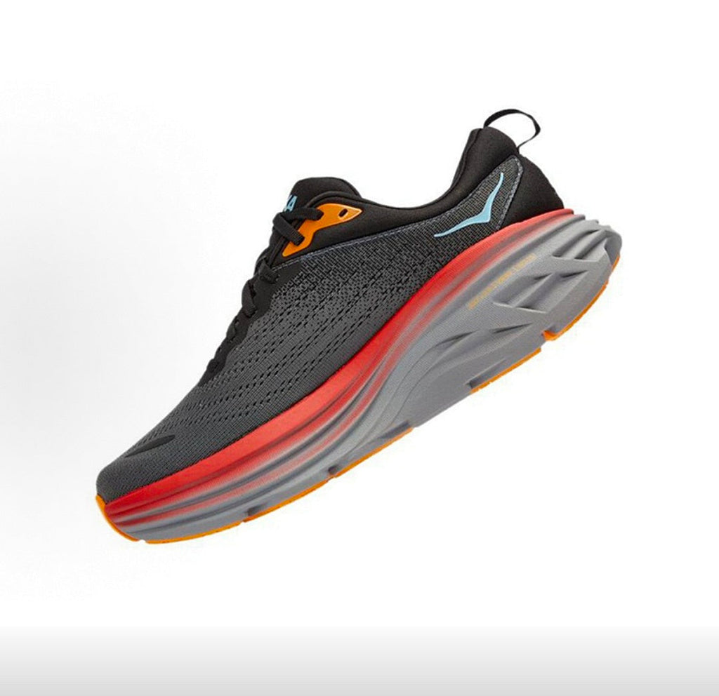 HOKA Bondi 8 Running Shoes, in Black Gray and Red - product image from the listing.