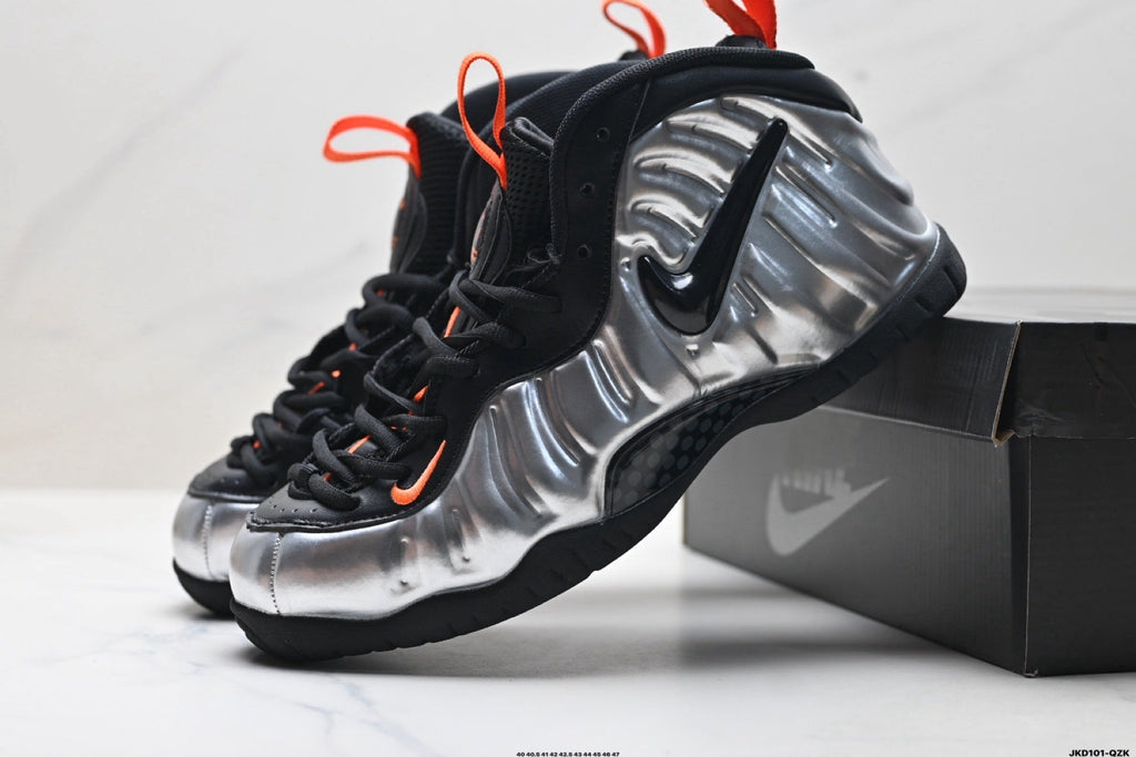 Nike Air Foamposite Max Sneakers in Black Silver Orange - product image from the listing.