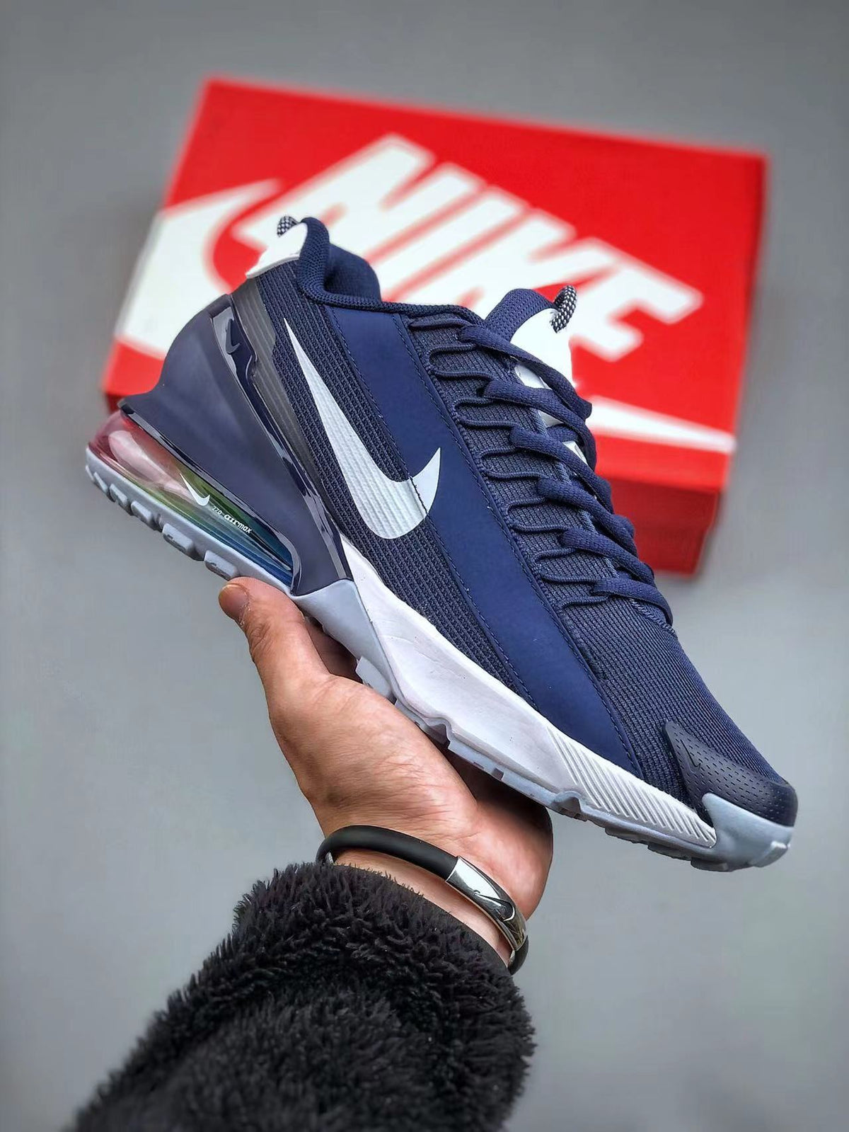 Navy and White Nike Air Max 270 React Sneakers - product image from the listing.