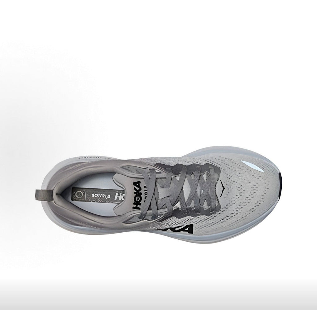 Gray and Black HOKA Bondi 8 Running Shoes - product image from the listing.