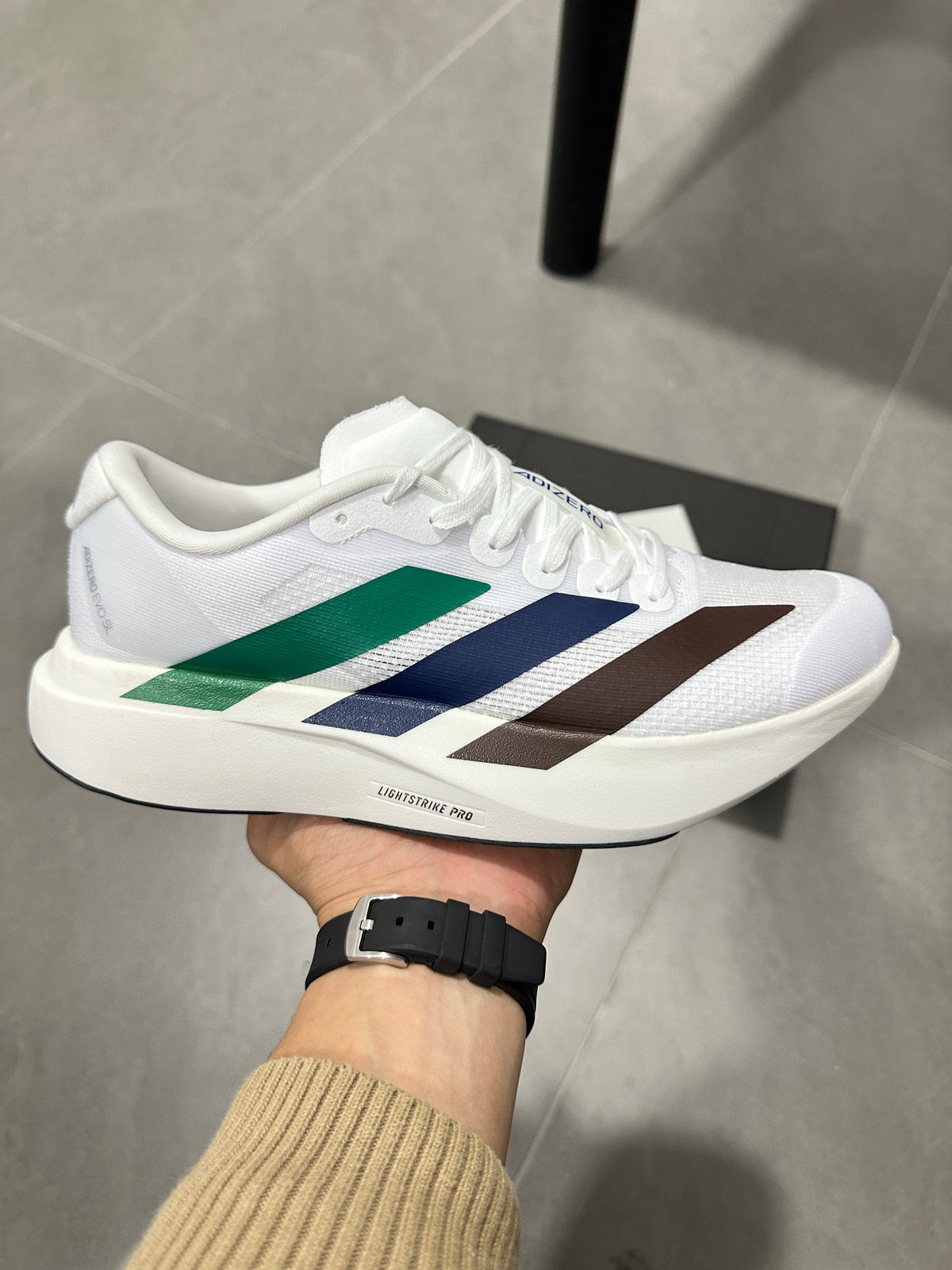 adidas Adizero Lightstrike Pro Running Shoes in White Green Navy - product image from the listing.