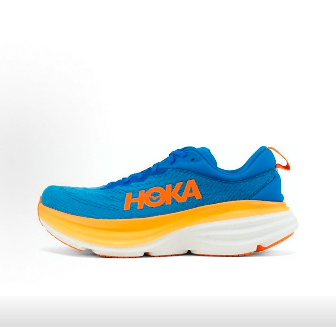 HOKA Bondi 8 Running Shoes in Blue and Orange - product image from the listing.