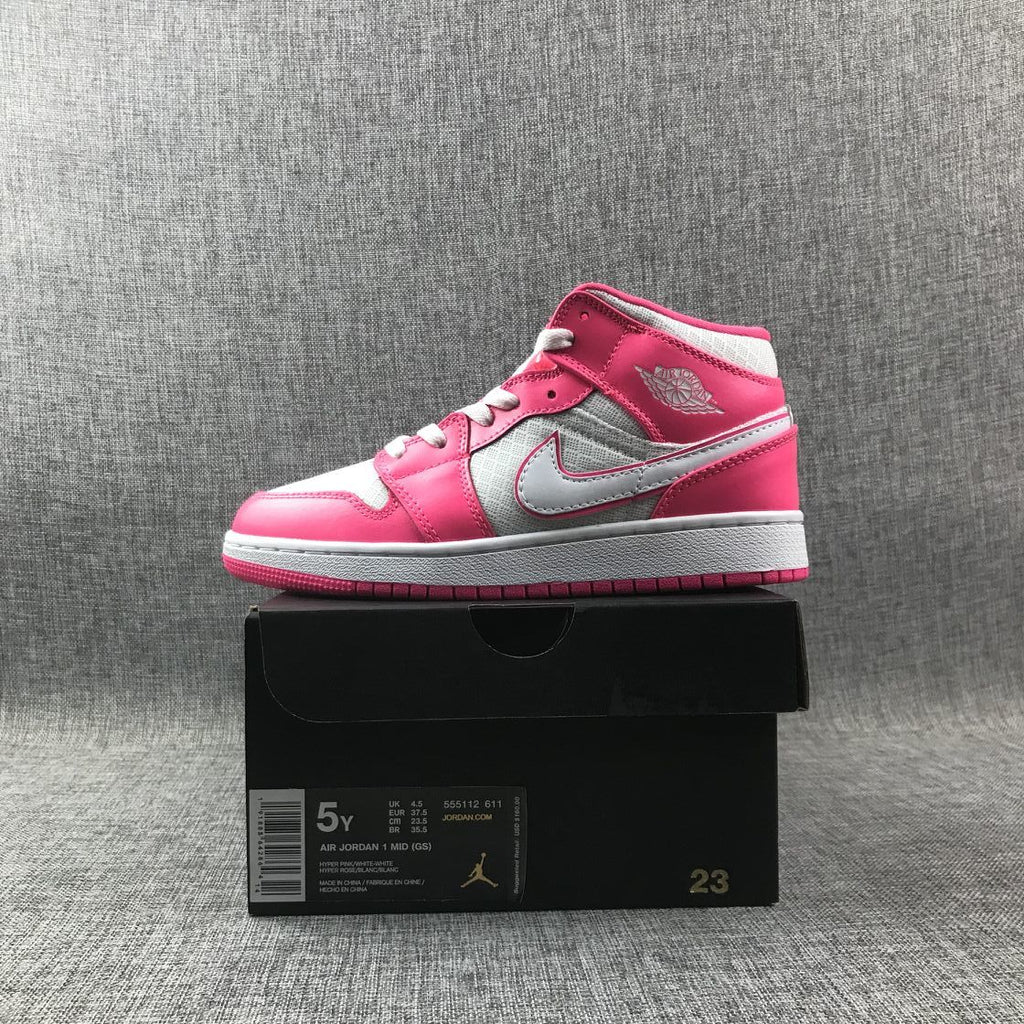 Air Jordan 1 Mid Sneakers in White Pink 555112-611 - product image from the listing.