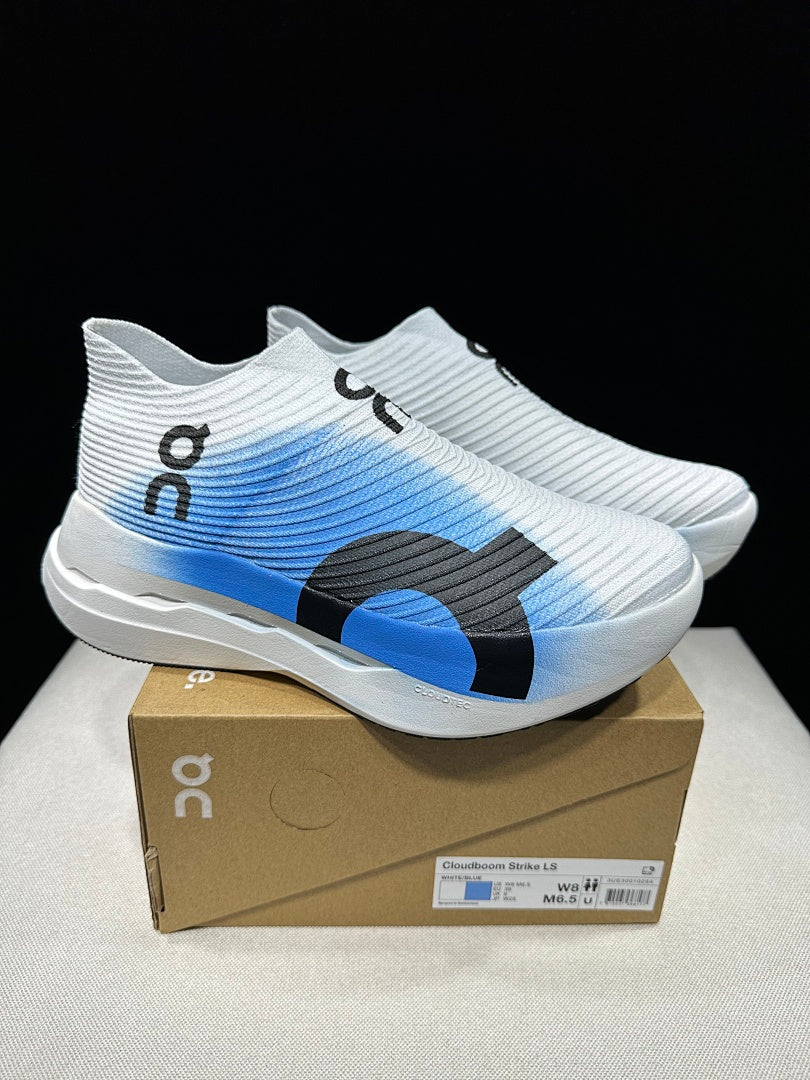On Cloudboom Strike LS Running Shoes, in White and Blue - product image from the listing.