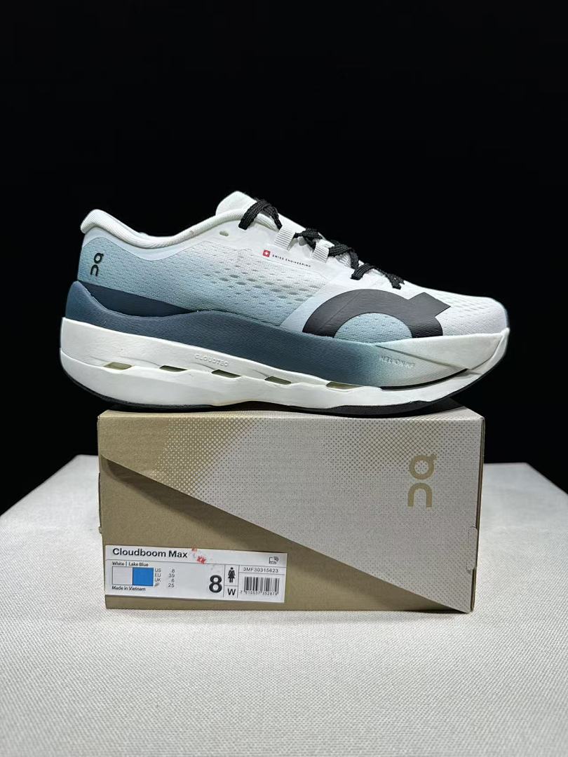 On Cloudboom Max Running Shoes in White and Lake in Blue - product image from the listing.