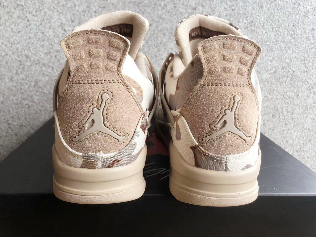 Beige and Brown Jordan 4 Camo Denim Sneakers - product image from the listing.