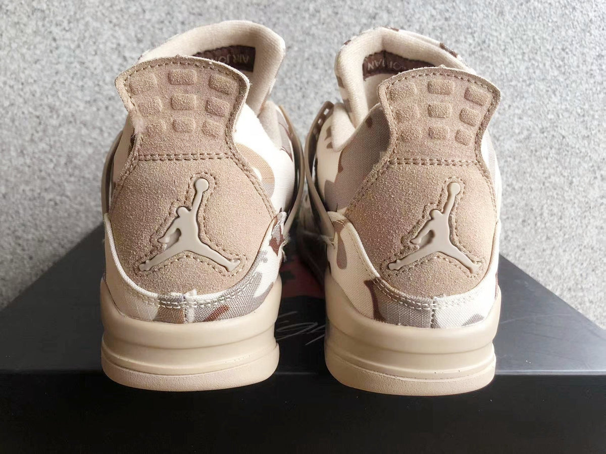 Beige and Brown Jordan 4 Camo Denim Sneakers - product image from the listing.
