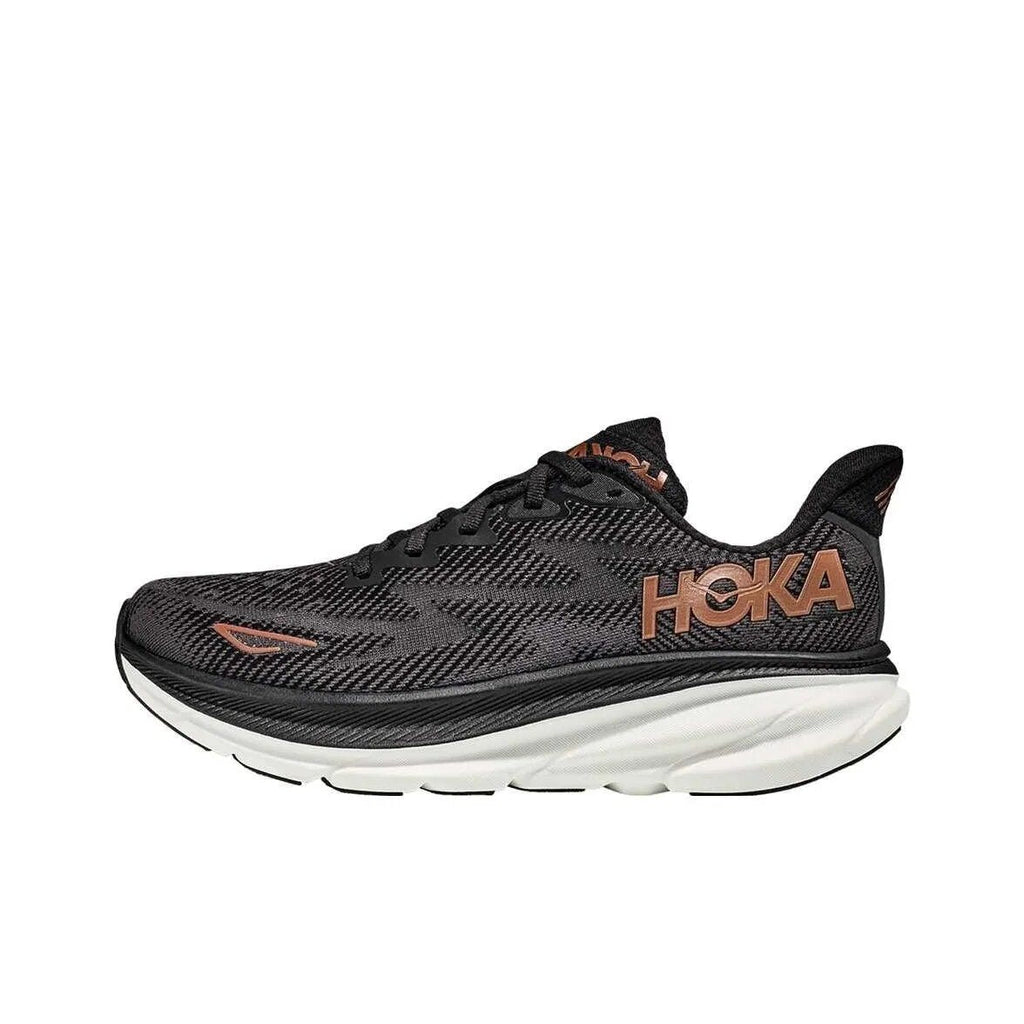 HOKA Clifton 9 Running Shoes in Black and Gold - product image from the listing.