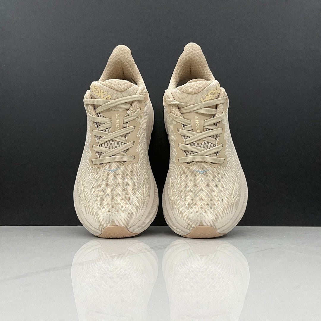 Beige and Tan HOKA Clifton 9 Running Shoes - product image from the listing.
