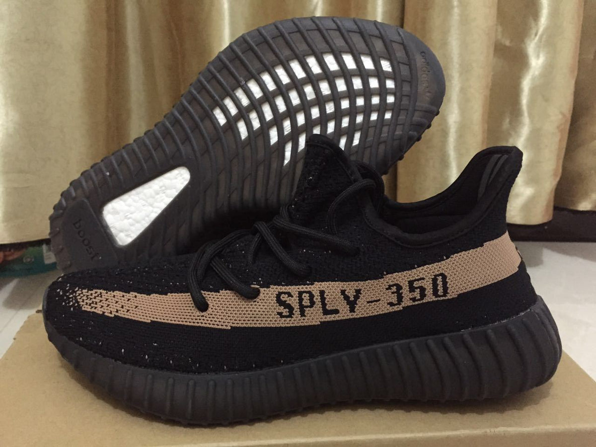 Black and Beige Yeezy 350 V2 Knit Sneakers - product image from the listing.