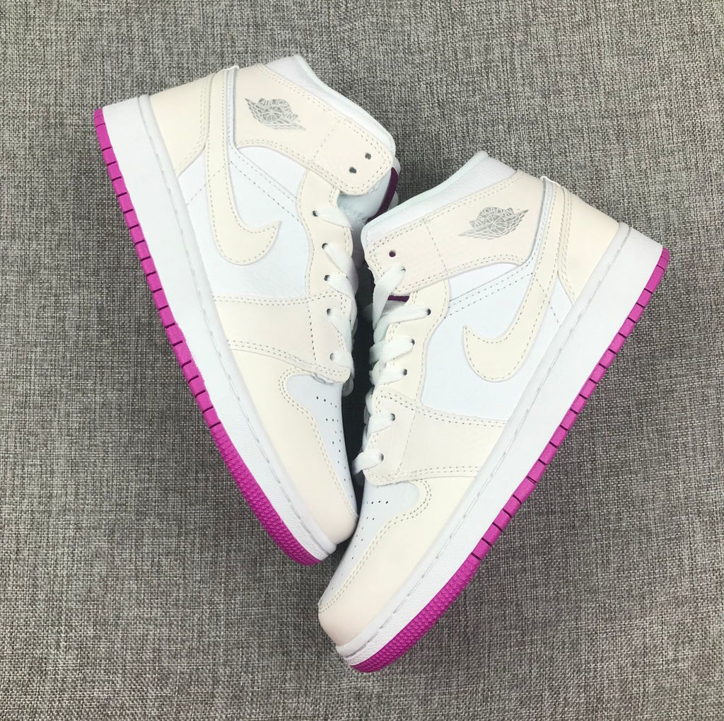 Jordan 1 Mid Grey White Fuchsia High-Cut Sneakers - product image from the listing.