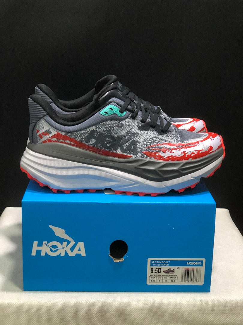 HOKA Stinson 7 Trail Running Shoes in Gray Red - product image from the listing.