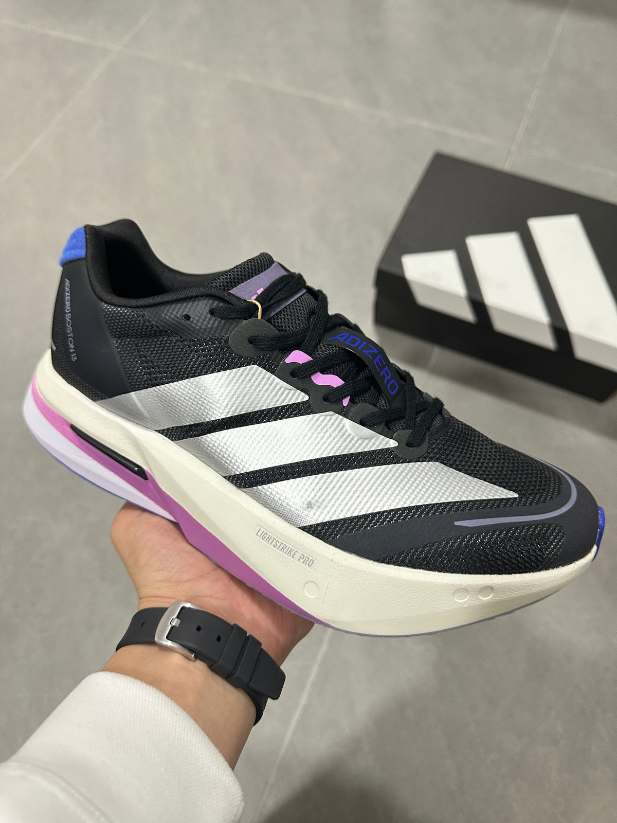 adidas Adizero Boston 13 Running Shoes in Black White Purple - product image from the listing.