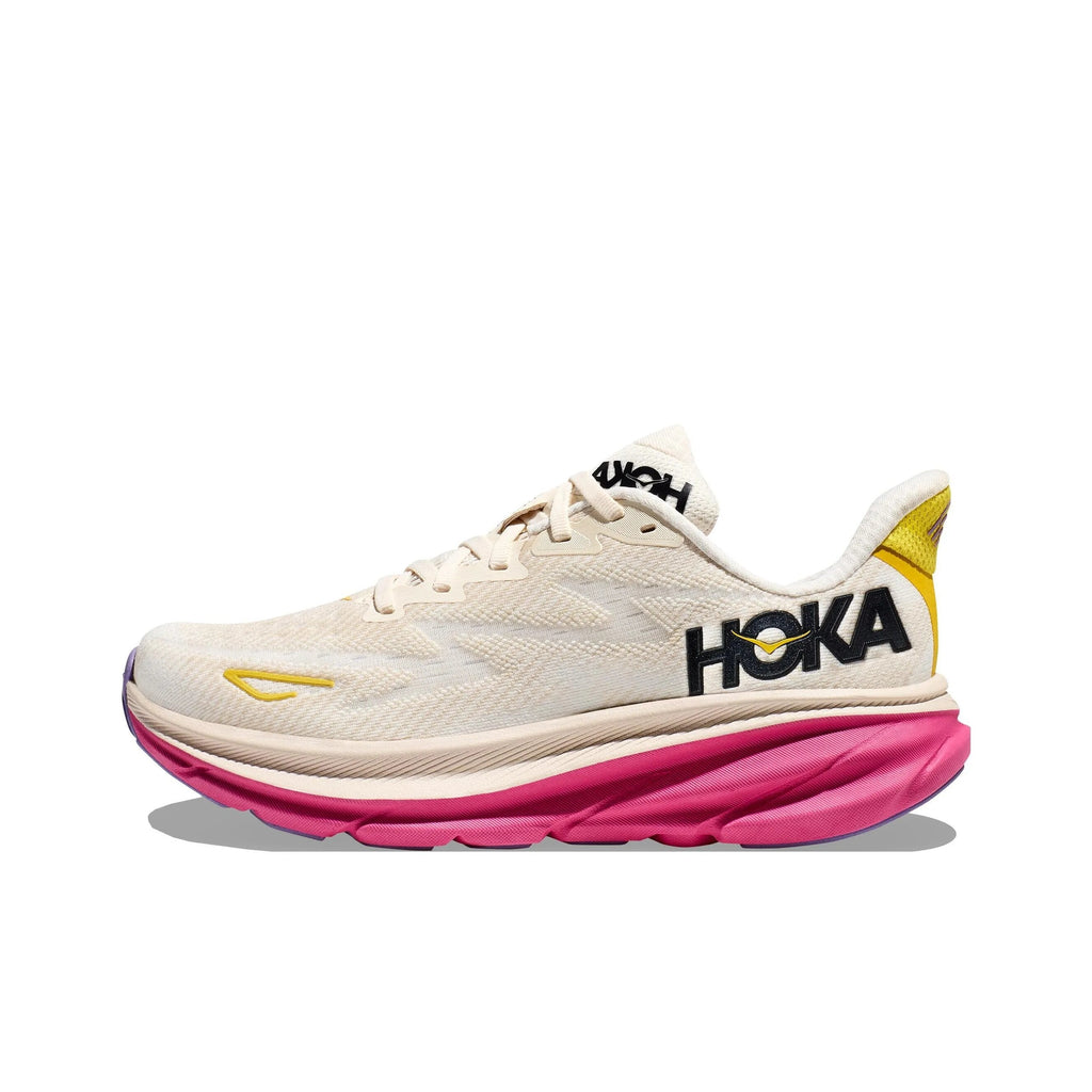 Ivory and Pink HOKA Clifton 9 Running Shoes - product image from the listing.